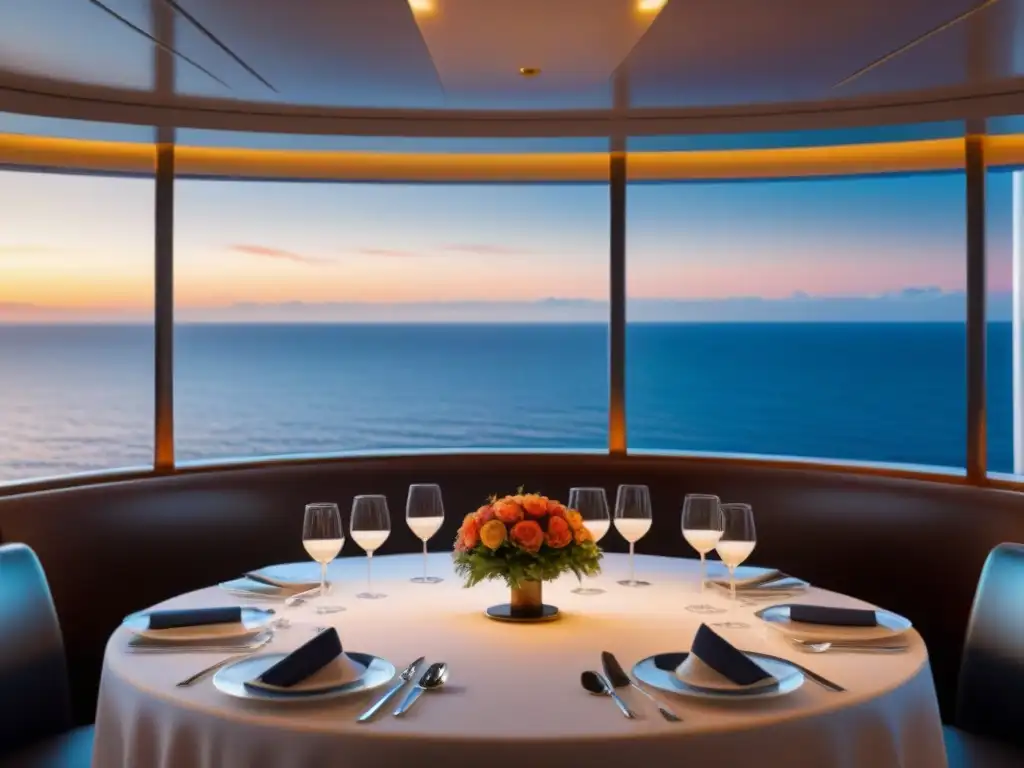 Experiencia gastronómica en cruceros de lujo: lujoso comedor con vista al mar al atardecer, elegante mesa y decoración moderna