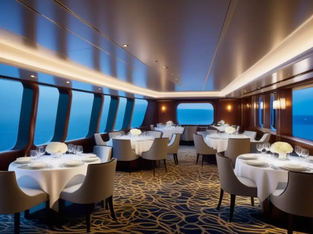 Una experiencia gastronómica en cruceros de lujo: un comedor elegante con vajilla fina, cristalería y cubiertos pulidos, iluminado con luz cálida