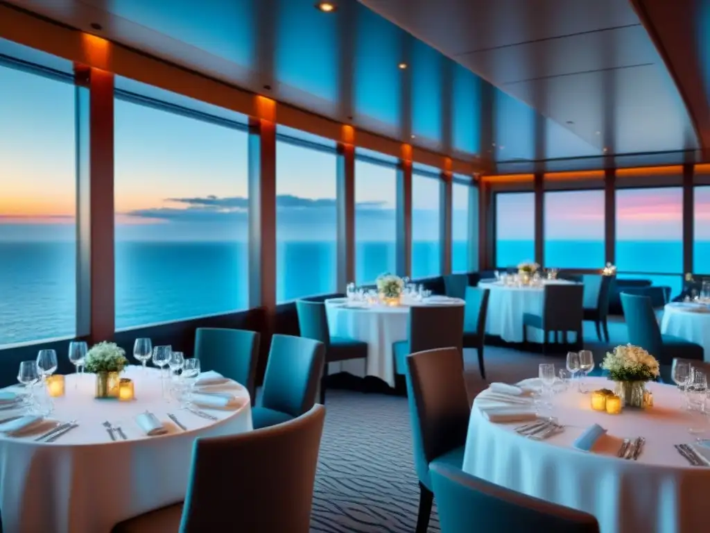 Experiencia gastronómica en cruceros de lujo: Comedor elegante con vista al mar, vajilla brillante y ambiente sofisticado