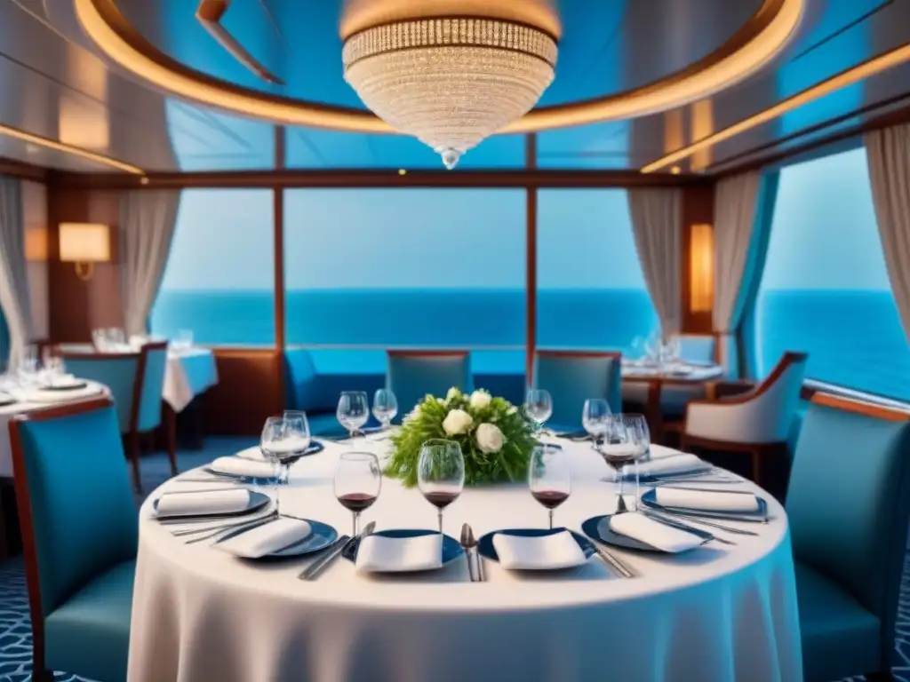 Experiencia gastronómica en cruceros de lujo: Mesa elegante con fina vajilla y vista al mar