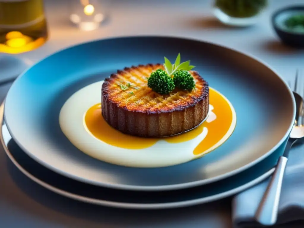 Experiencia gastronómica en cruceros de lujo: Plato gourmet vibrante y detallado en un elegante escenario iluminado