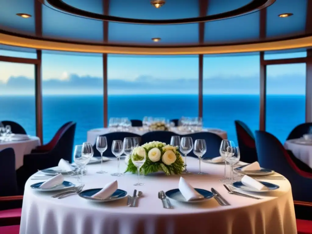 Experiencia gastronómica en cruceros de lujo: un elegante restaurante con vista al mar y fina vajilla