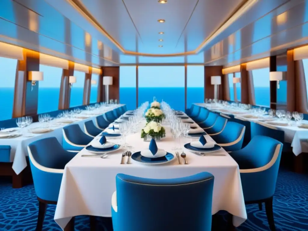 Experiencia gastronómica en cruceros de lujo: Elegante comedor de lujo en un barco con diseño moderno y sofisticado