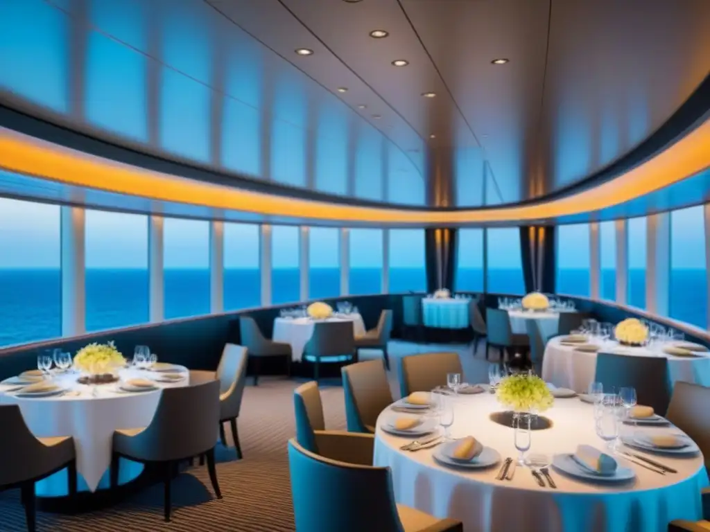 Experiencia gastronómica en cruceros de lujo: Comedor elegante con vistas al mar y ambientación sofisticada