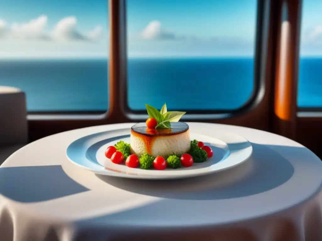 Experiencia gastronómica en cruceros marítimos: Cena de lujo con platillos coloridos y elegantes en un crucero de alta gama