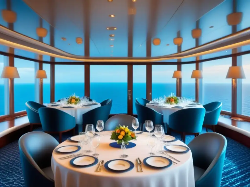 Experiencia gastronómica en cruceros marítimos: Sala de comedor lujosa con vistas al mar y exquisita comida internacional