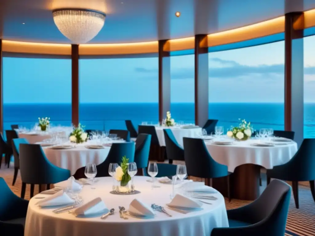 Experiencia gastronómica en elegante comedor de crucero marítimo, con vista al mar y mesa impecablemente puesta