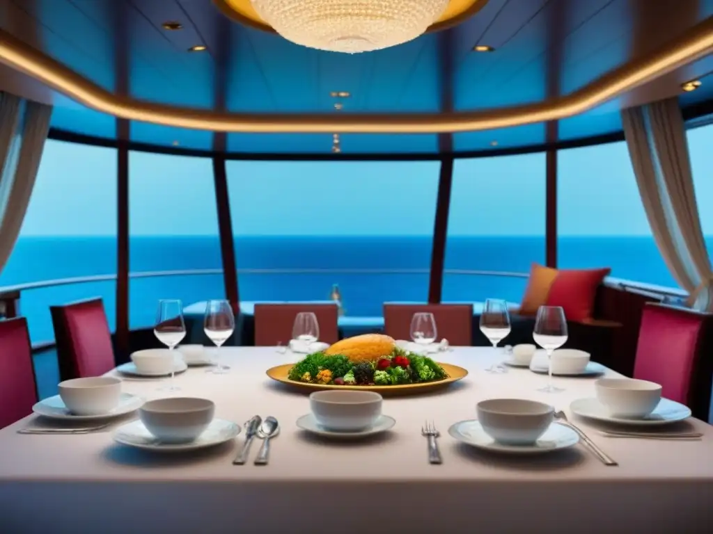 Experiencia gastronómica en elegante comedor de crucero con fina vajilla y vista al mar