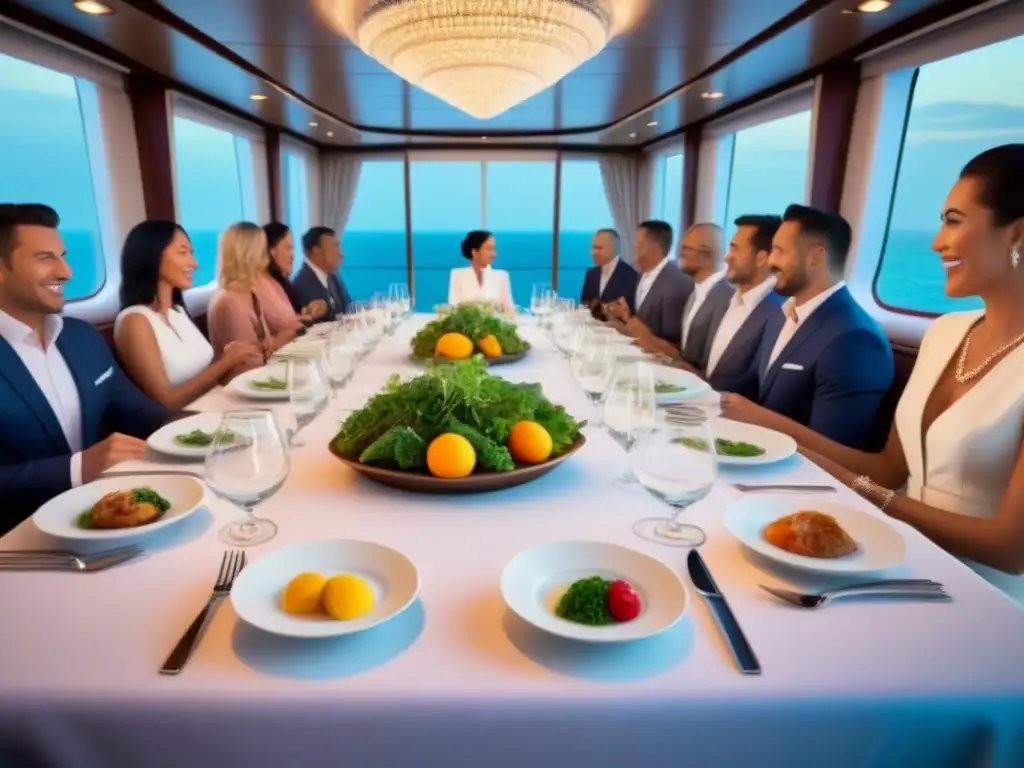 Una experiencia gastronómica inolvidable en cruceros marítimos: mesa elegante con fina vajilla, exquisitos platos y comensales felices