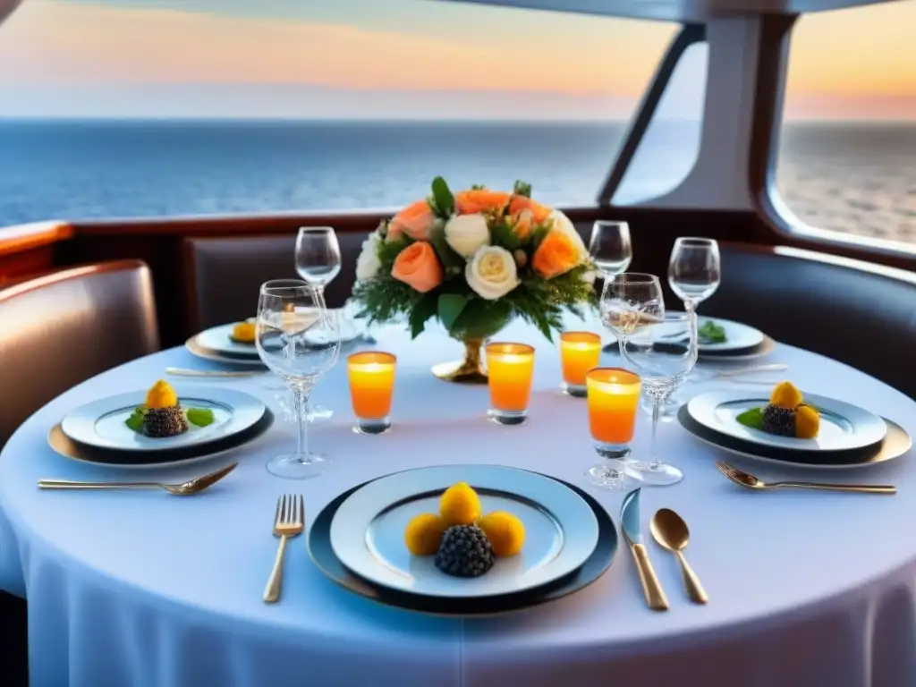 Una experiencia gastronómica de lujo en un crucero con mesa elegante y exquisita vajilla, frente al mar al atardecer