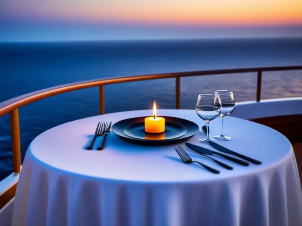 Experiencia gastronómica en restaurantes de alta mar, mesa elegante en crucero de lujo bajo el cielo estrellado