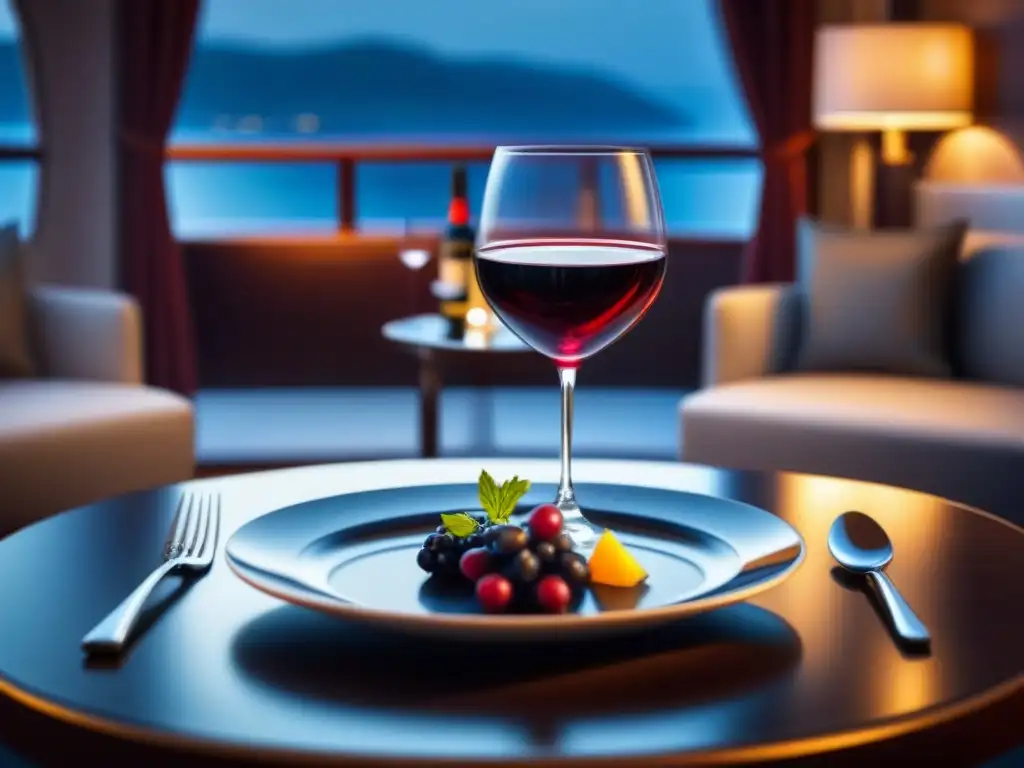 Una experiencia gourmet en crucero: copa de vino y plato exquisito sobre mesa elegante