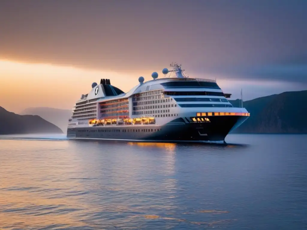 Experiencia Seabourn Cruise Line lujo: Crucero Seabourn Ovation navegando al atardecer en un mar tranquilo