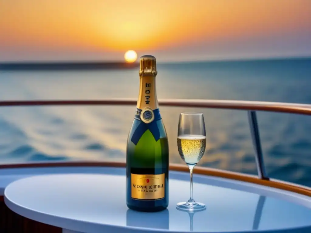 Experiencia de lujo en cubierta de crucero con champagne al atardecer