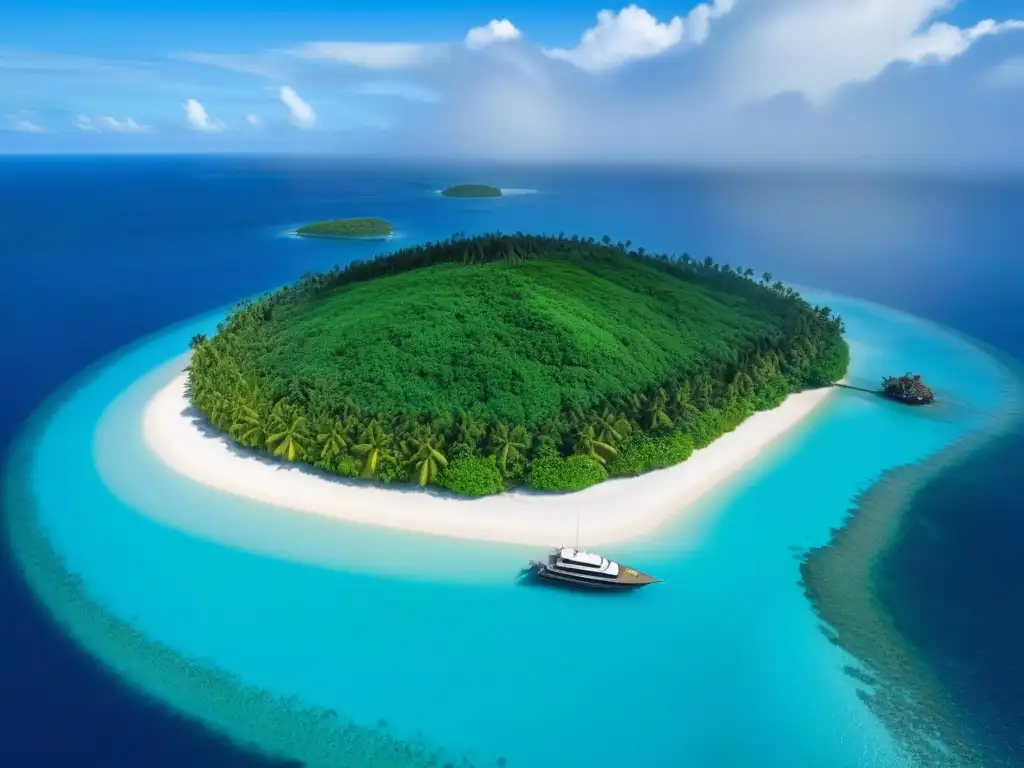 Experiencia Robinson Crusoe lujo marítimo: Vista aérea de isla privada con aguas turquesas, playas blancas y villa de lujo entre vegetación tropical