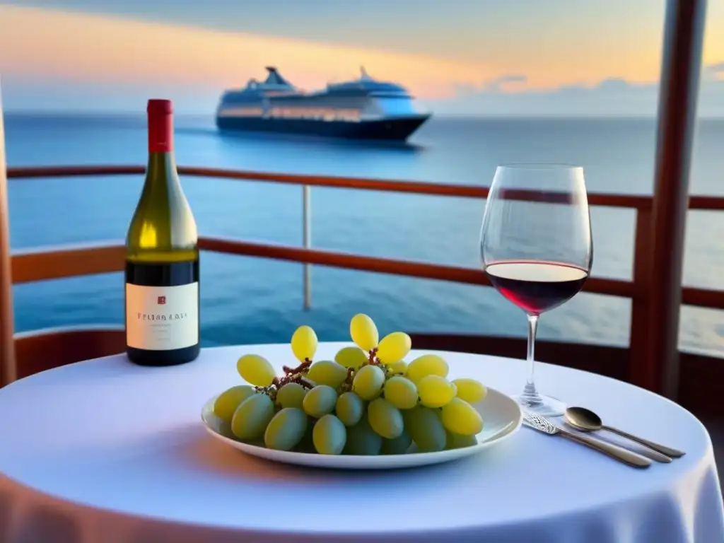 Experiencia de maridajes de vinos en crucero al atardecer con mesa elegante y vista al mar