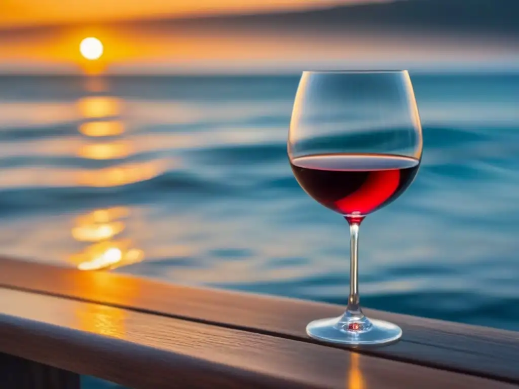 Una experiencia marítima cata vinos: copa elegante de vino tinto sobre mesa de madera con el océano al atardecer