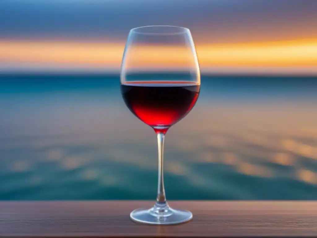 Experiencia marítima cata vinos: Copa de vino tinto en mesa de madera con atardecer sobre el mar