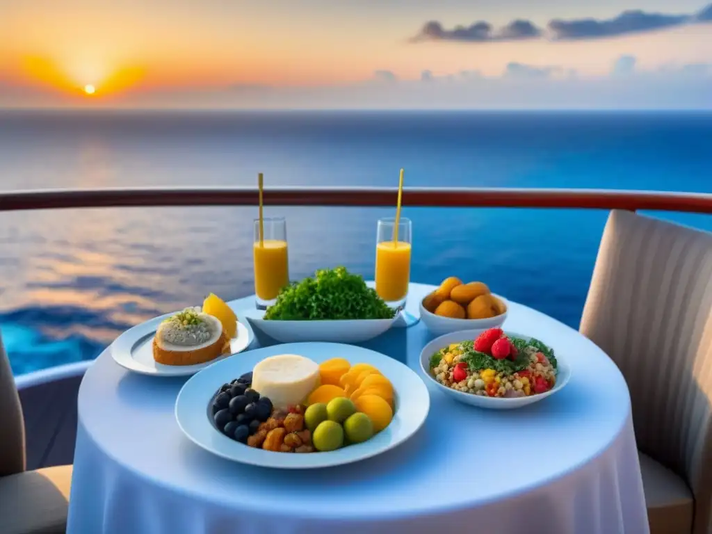 Una experiencia de nutrición personalizada en cruceros: cena elegante en un balcón al atardecer con vista al mar