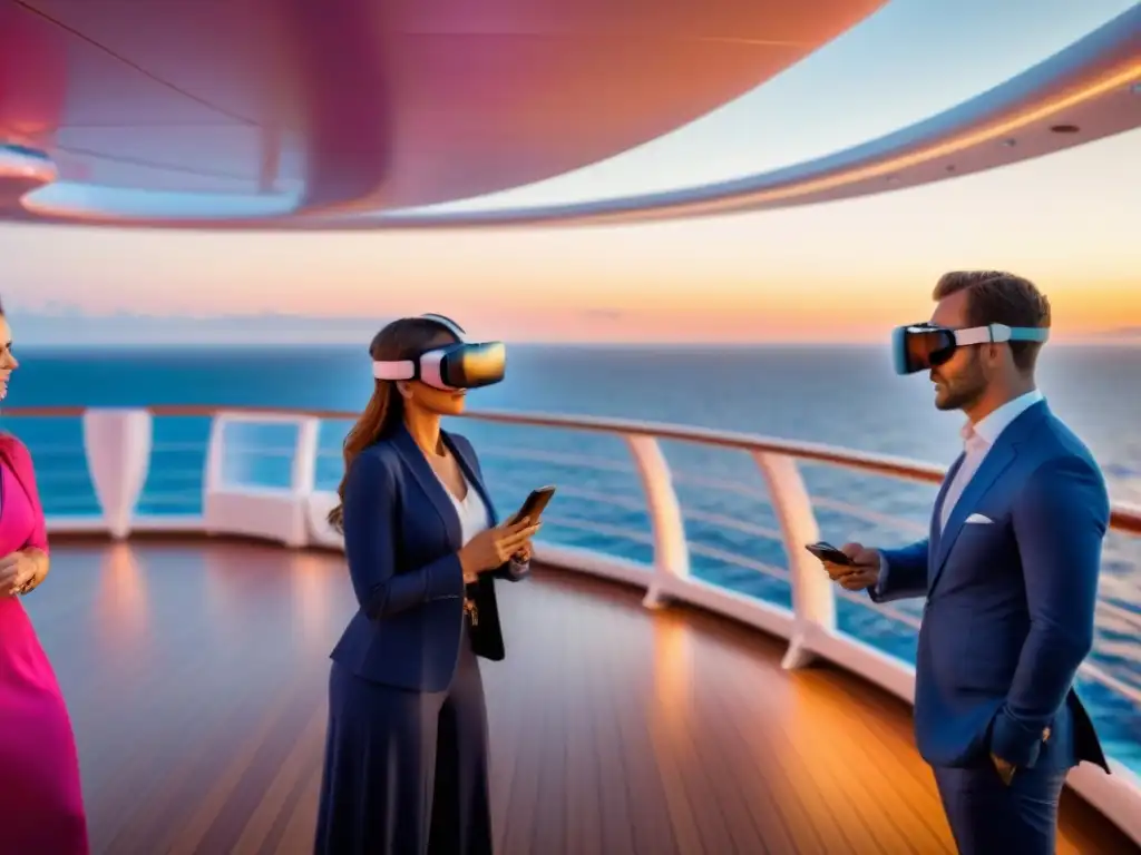 Una experiencia de realidad virtual en cruceros de lujo al atardecer, con tecnología punta y elegancia en un entorno opulento