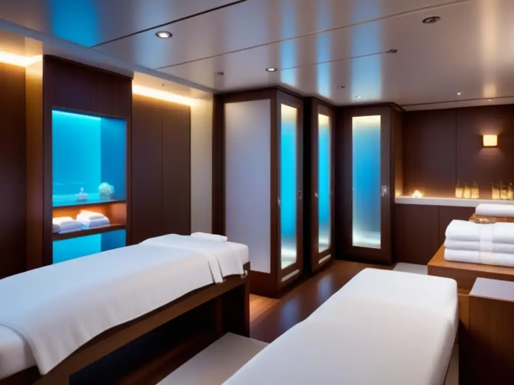 Experiencia relajante en spa de crucero: diseño moderno, toallas blancas, puertas entreabiertas