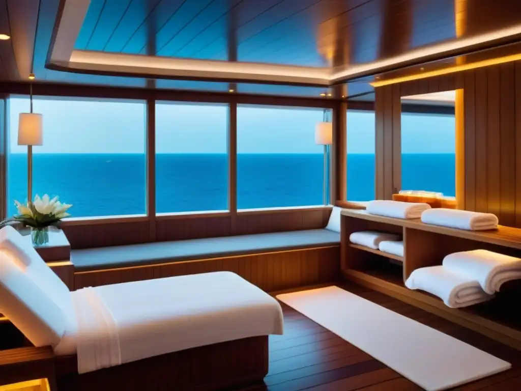 Experiencia relajante en spa de lujo en crucero: toallas blancas, sauna de madera, vista al mar y piscina infinita cristalina