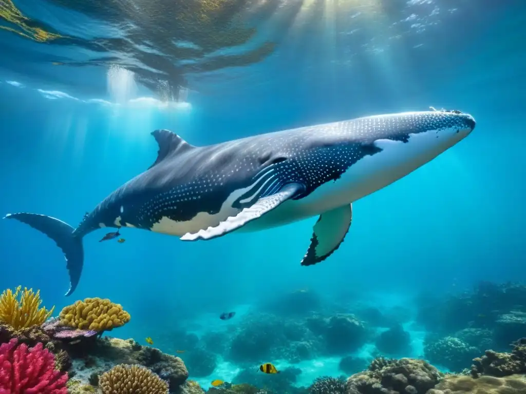 Experiencia de snorkel con ballenas: majestuosa ballena jorobada surcando aguas turquesas junto a peces tropicales y coral vibrante