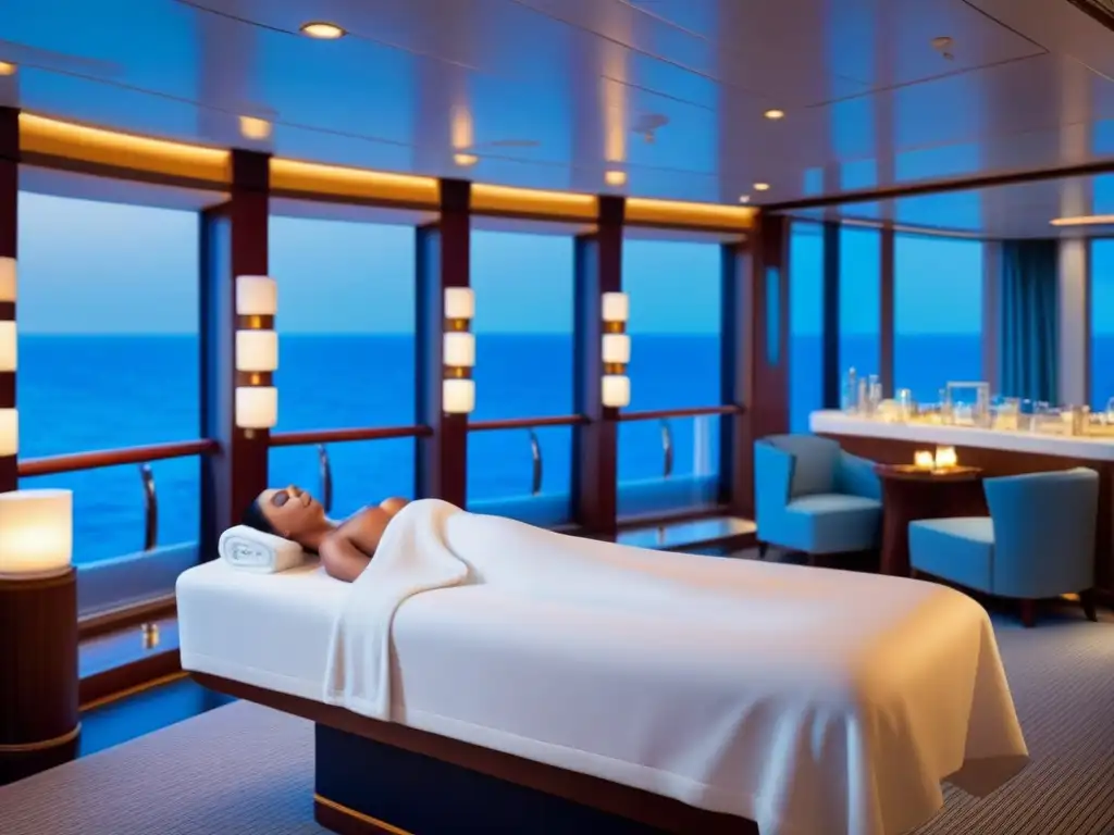 Experiencia de spa en crucero de lujo: ambiente sereno, decoración minimalista, colores neutros y luz ambiental para tratamientos de bienestar