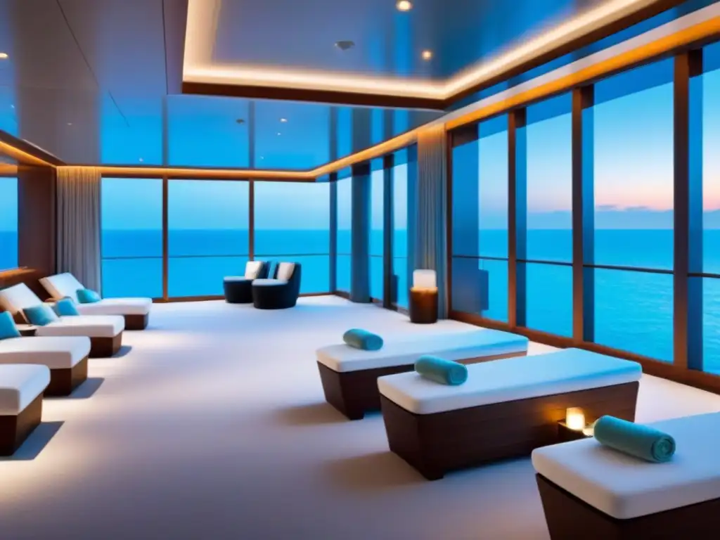 Experiencia de spa en crucero: decoración minimalista y vistas al mar crean un oasis de tranquilidad