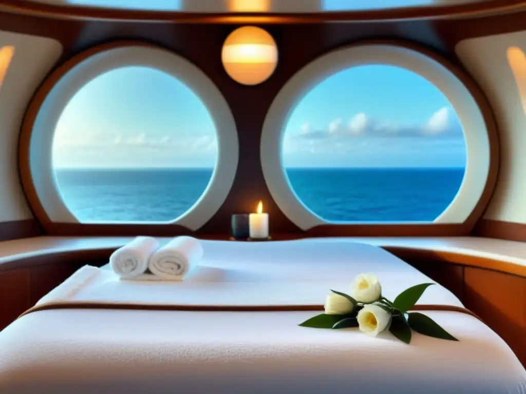 Una experiencia de spa en cruceros: un escenario sereno con una mesa de masajes blanca, toalla suave, flores frescas y vela iluminando la habitación