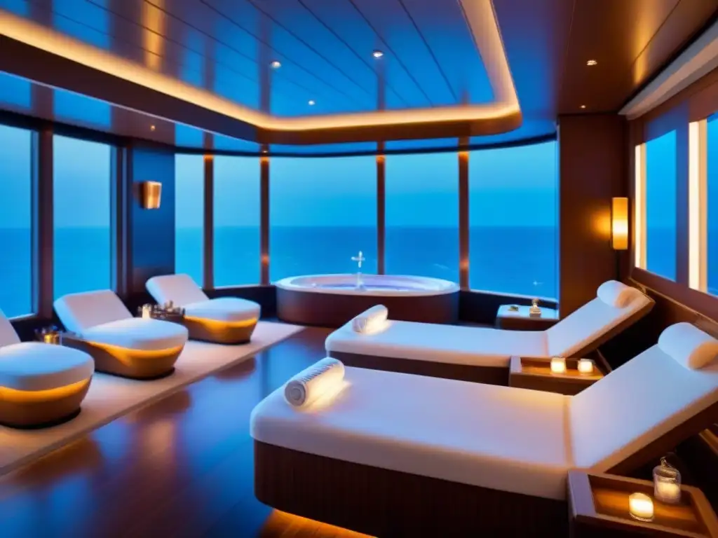 Experiencia de spa de lujo en crucero, con diseño minimalista y ambiente relajante