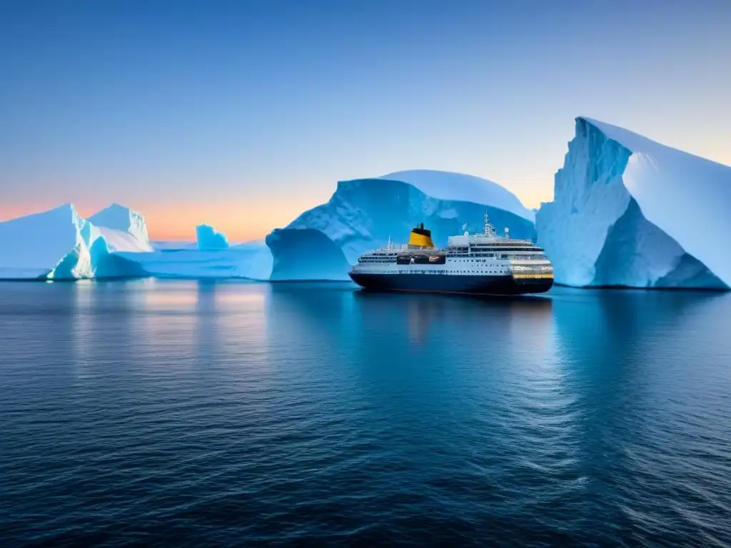 Experiencia de turismo marítimo en Antártida: un elegante crucero en aguas heladas bajo el suave resplandor del sol de medianoche