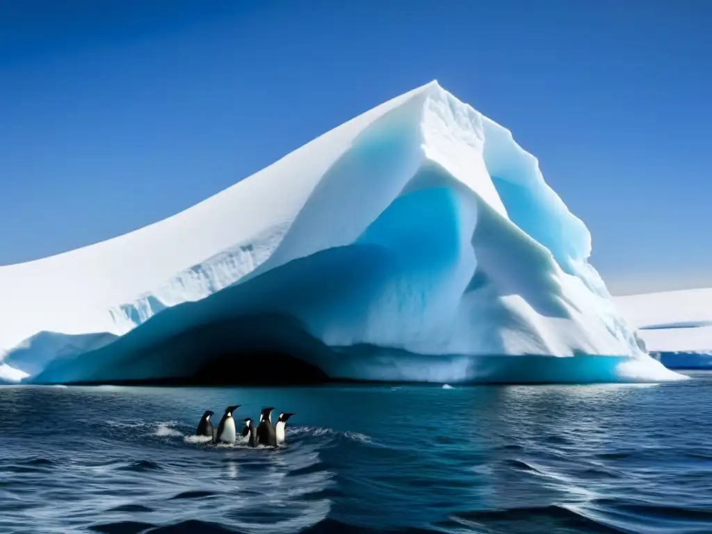 Experiencia turismo marítimo en Antártida: Iceberg imponente y pingüinos juguetones en paisaje helado y sereno