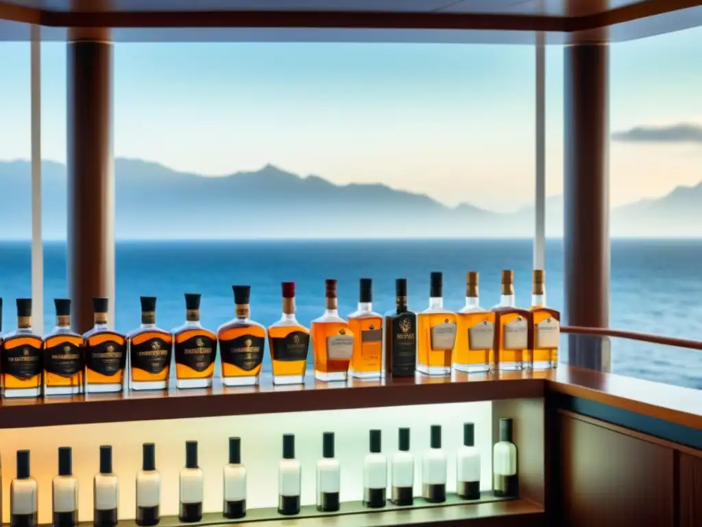 Una experiencia única de catas de whisky en cruceros: bar elegante con botellas de whisky premium y vista al mar sereno