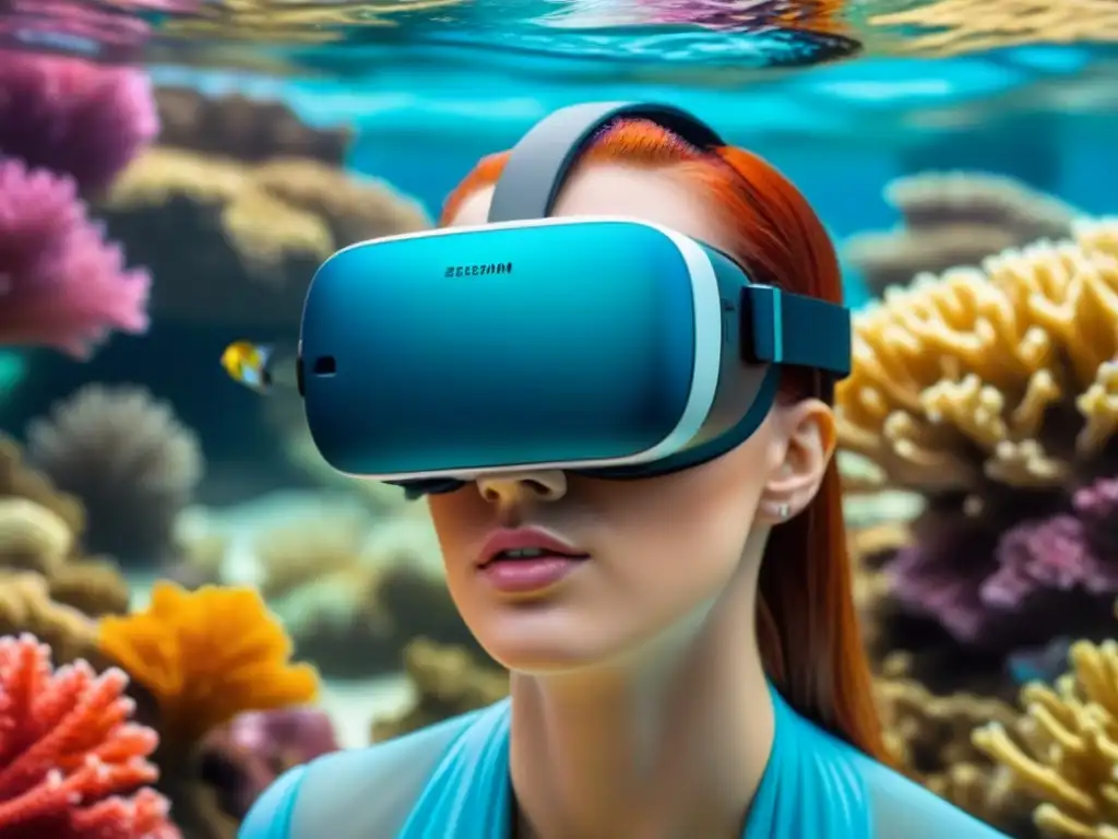 Experiencia única: visor VR flota bajo el mar, rodeado de corales y peces