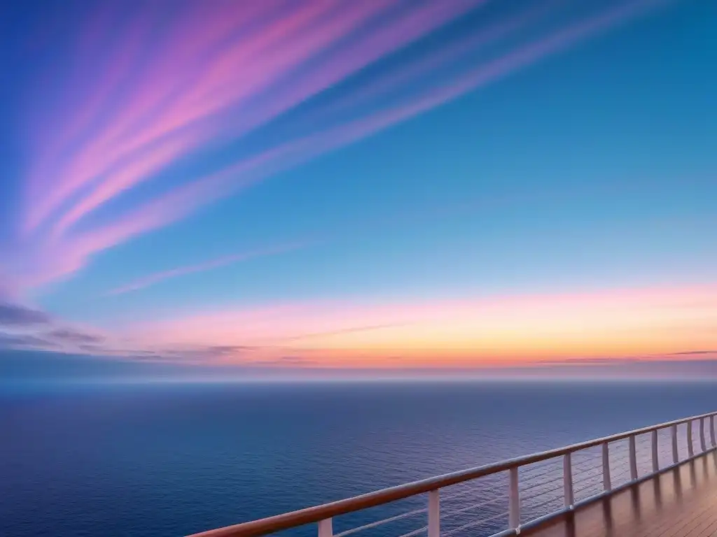 Experiencia de viaje en crucero: Atardecer sereno en el mar desde un crucero, con tonos pastel en el cielo y reflejados en el agua