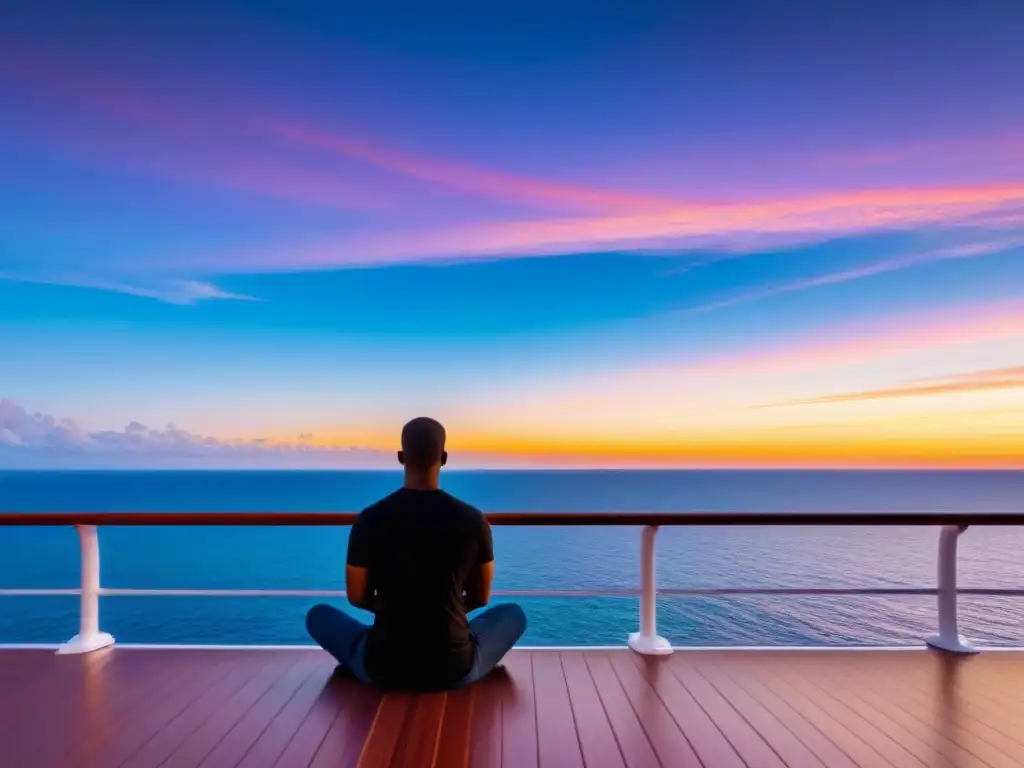 Experiencia de viaje en crucero: Persona meditando al atardecer en cubierta, rodeada de calma y serenidad marina