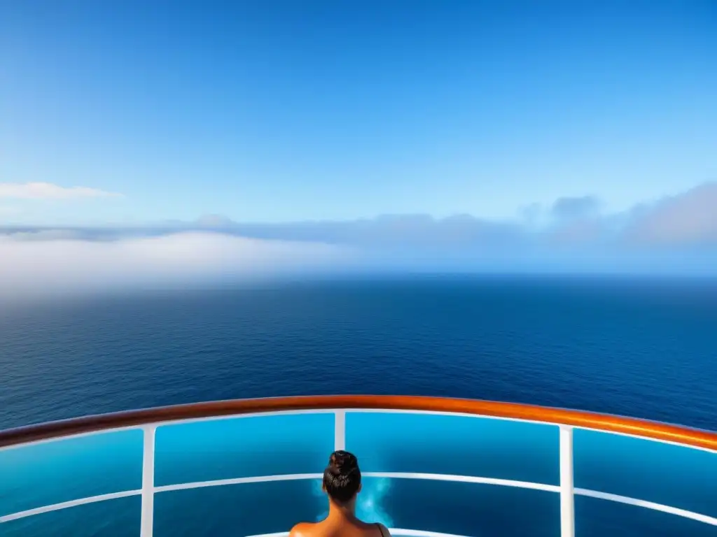 Experiencia de viaje en crucero: un vasto océano sereno y minimalista se extiende hasta el horizonte bajo un cielo azul claro