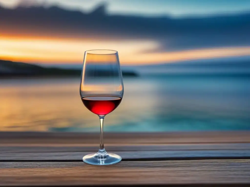 Experiencia marítima cata vinos: copa de vino en muelle al atardecer junto al mar sereno