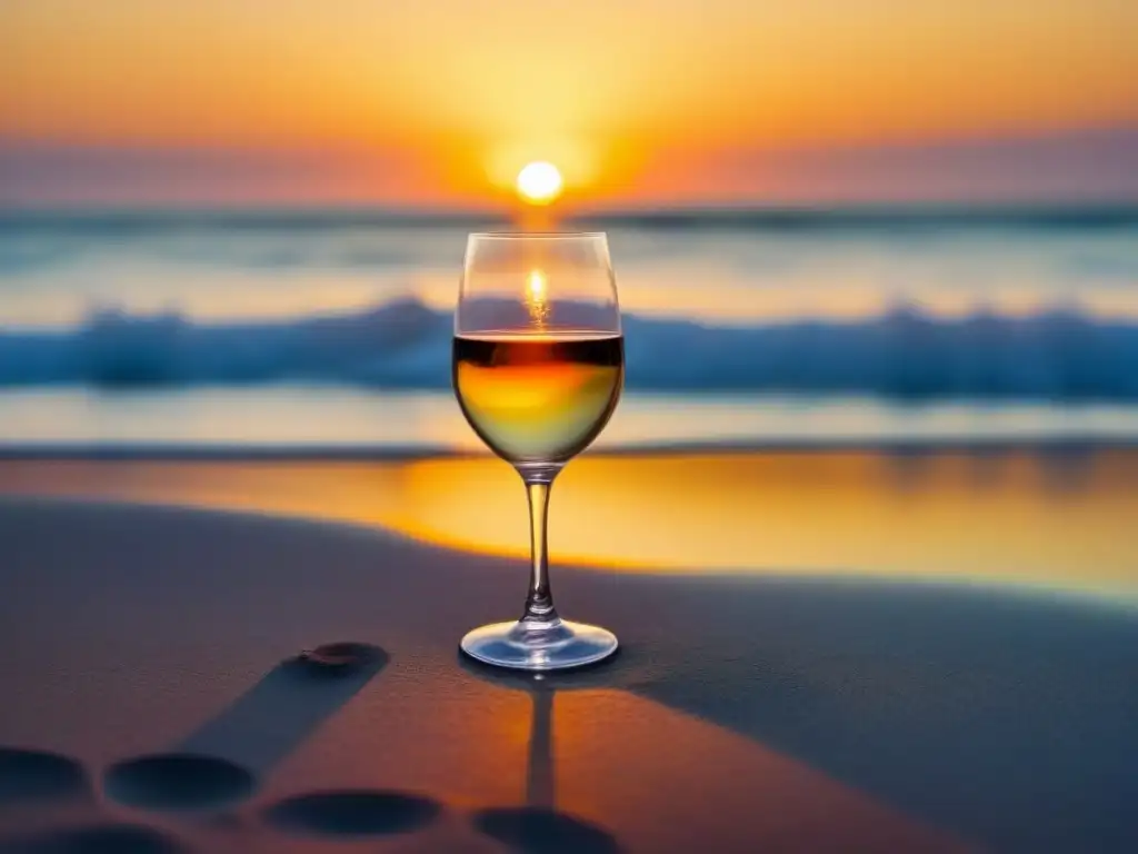 Experiencia marítima cata vinos: Atardecer sobre el océano con copa y botella en silueta, reflejando calma y lujo