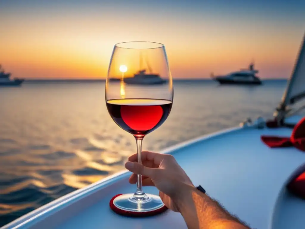 Experiencia marítima cata vinos: Copa de vino tinto en yate al atardecer, reflejos dorados del sol en el cristal