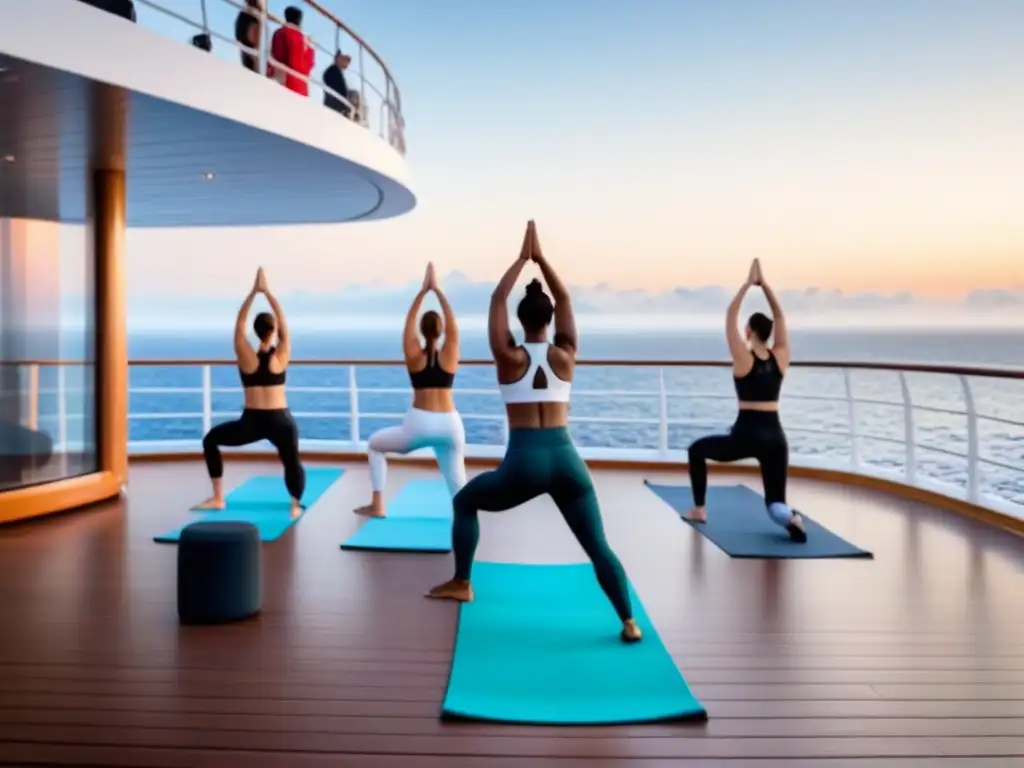 Experiencias de bienestar en cruceros: Yoga al amanecer en la cubierta de un lujoso barco, en armonía con el mar