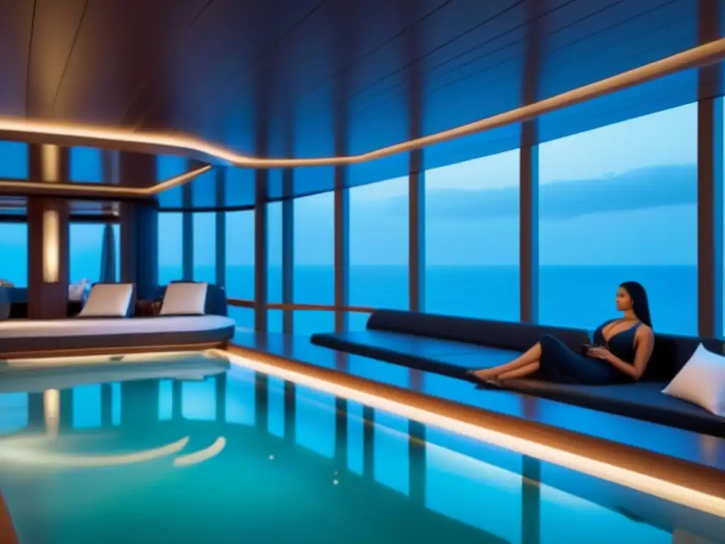 Experiencias de bienestar en cruceros: Spa de lujo en un crucero, con diseño moderno, iluminación suave y vista al mar