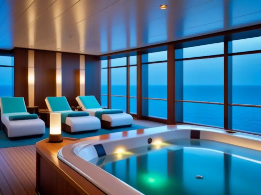 Experiencias de bienestar en cruceros: lujoso spa en un barco con diseño elegante, iluminación suave y ambiente tranquilo