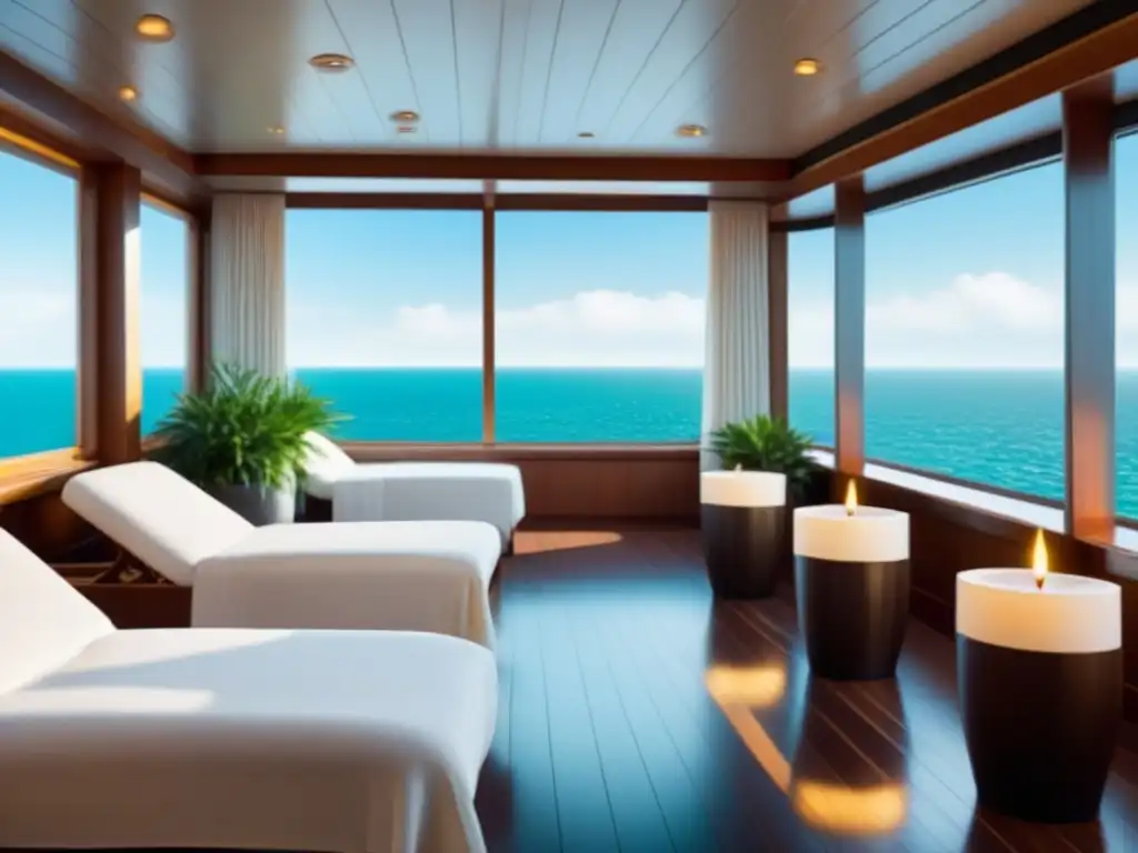 Experiencias de bienestar en cruceros: Spa minimalista con vista al mar, diseño moderno y plantas verdes