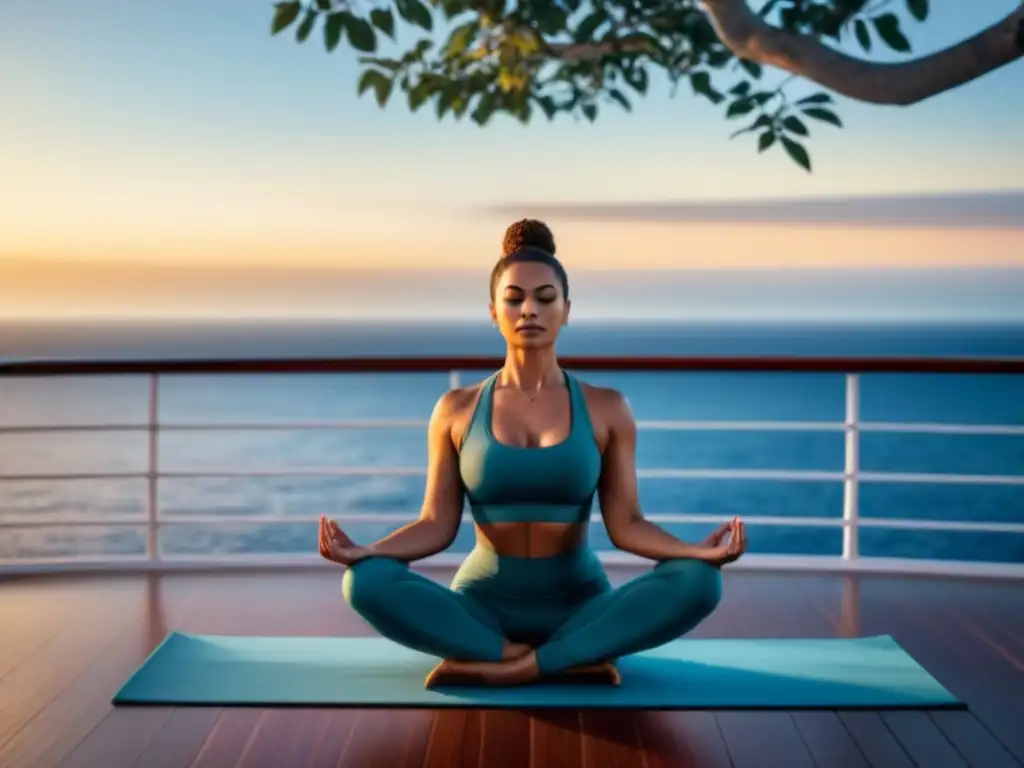 Experiencias de bienestar en cruceros: Persona practicando yoga al amanecer en cubierta, rodeada de mar tranquilo y sol suave