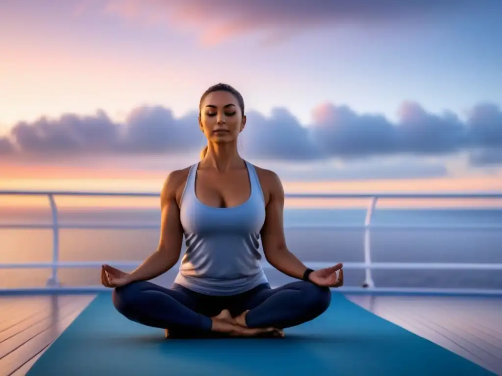 Experiencias de bienestar en cruceros: Practicante de yoga meditando al amanecer en cubierta