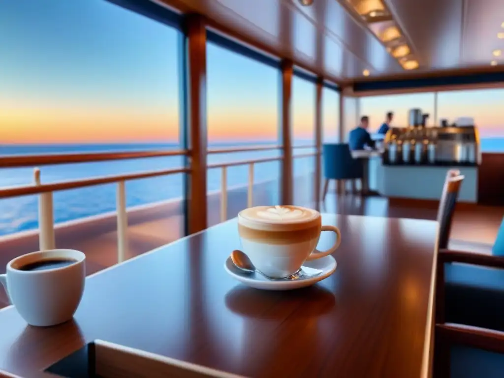 Experiencias cafeteras en cruceros: Un amanecer sereno en la cubierta con un elegante bar de café y arte latte