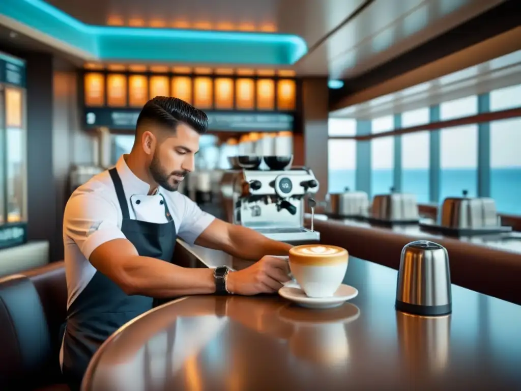 Experiencias cafeteras en cruceros: Café elegante en un barco moderno, decorado con tonos terrosos y barista preparando un latte