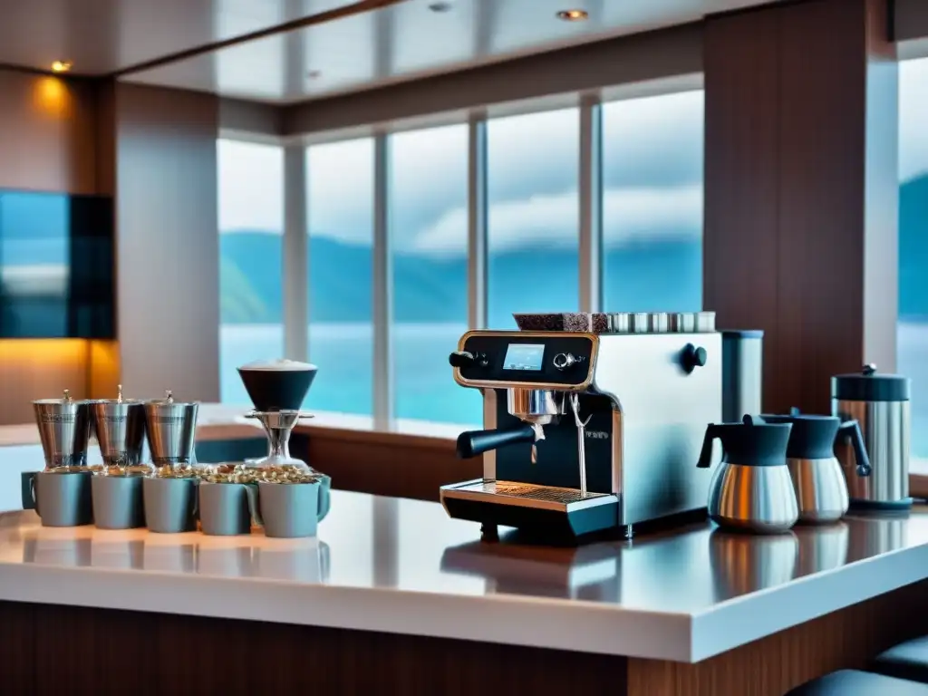 Experiencias cafeteras en cruceros: Un elegante bar de café en un lujoso crucero, con máquinas de espresso cromadas y tazas alineadas